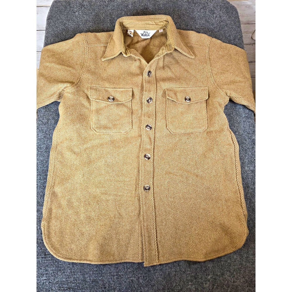 Vintage Woolrich Mens Large CPO Wool Blend Herringbone Shirt Jacket Tan 12020